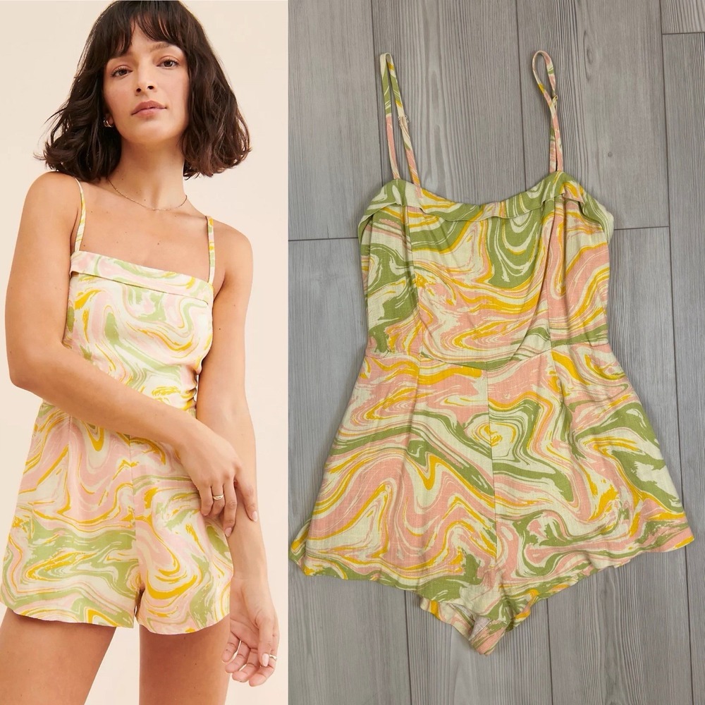 Lost + Wander Radiant River Romper Womens Small Green Marble Linen‎ Blend Swirl